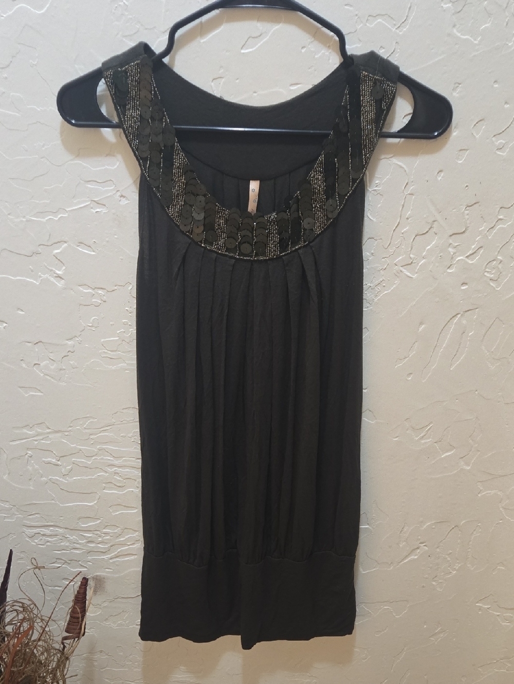 Olive Green Sequin-Embellished Sleeveless Tunic Dress/Top
